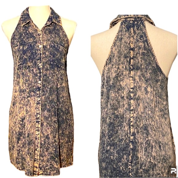 Lue Sleeves Distressed Blue Denim look Button Down Top Size Small - Picture 1 of 9